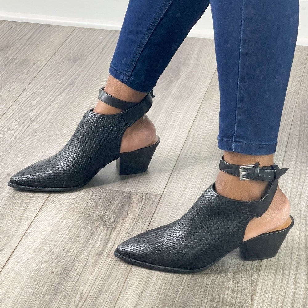 Cowboy ankle boot with open back strap around the ankle faux croc